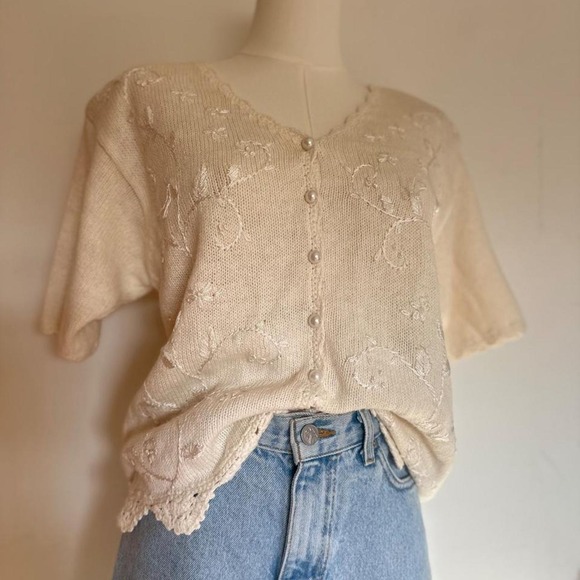 Dana Scott Sweaters - Vintage 90s Dana Scott Pearl Button Short Sleeve Lace Embroidered Cardigan Small
